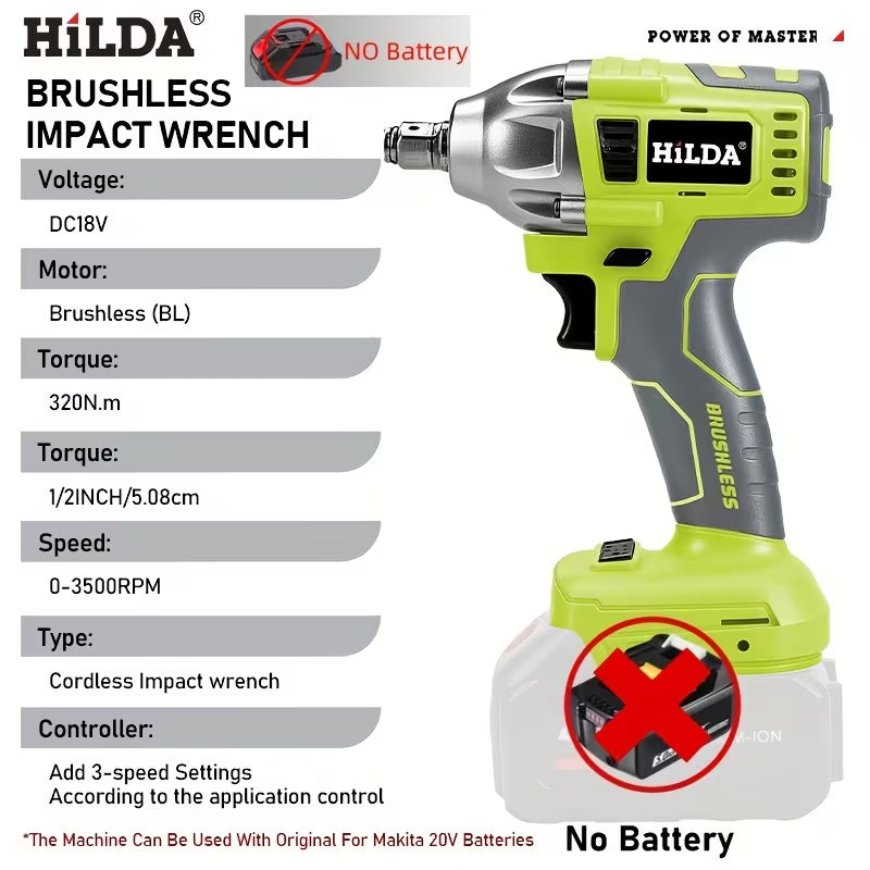 HILDA Green Cordless Impact Wrench, Designed for Makita 18V Batteries