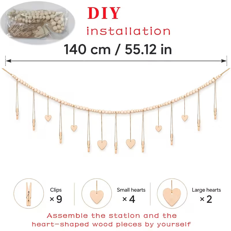 Bohemian Style Wall Hanging Photo Display Rack, Wooden Beads Picture Holder with Clips Heart