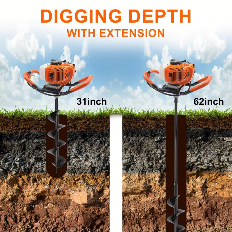 62CC Auger Post Hole Digger, a Gas-Powered Earth Post Hole Digger with 2 Auger Drill Bits (6" & 8")