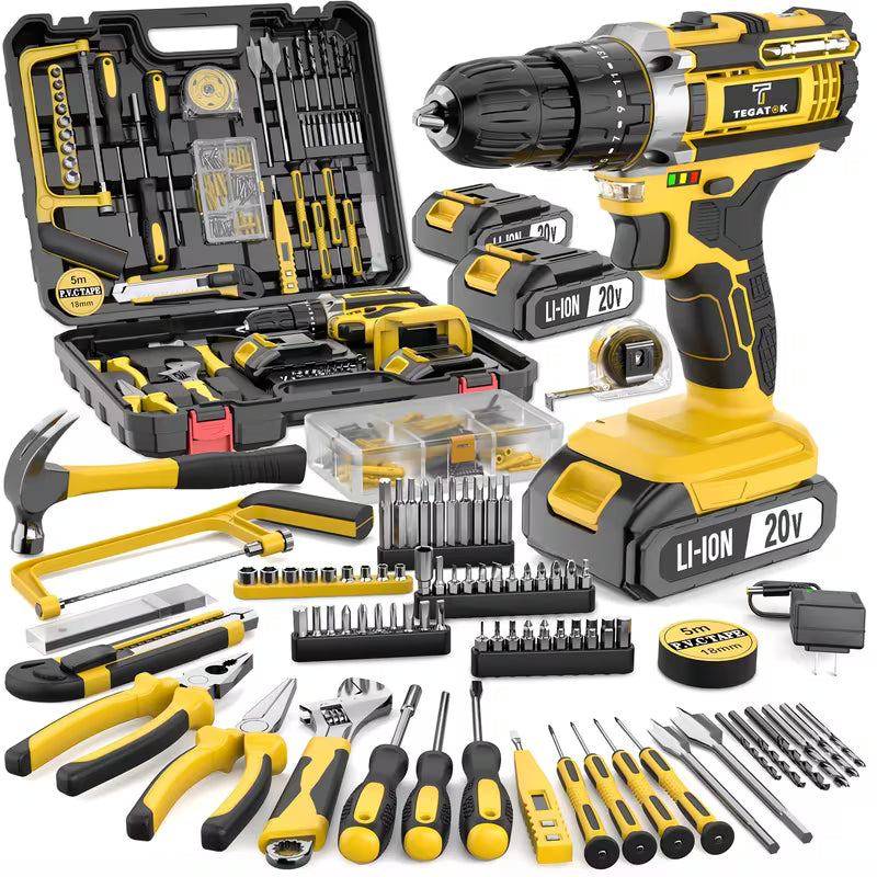 Tegatok 20V 58/136pcs/ 147pcs Cordless Impact Drill Kit Set, Metal