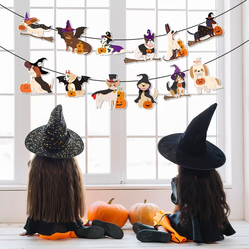 Halloween-Themed Decorations Including a Banner, Garland