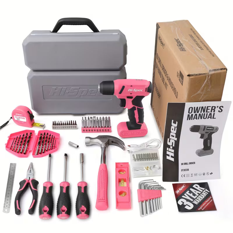 Women's 8V USB Rechargeable Cordless Drill & Tool Kit Set Electric Power Drill Driver with Compact