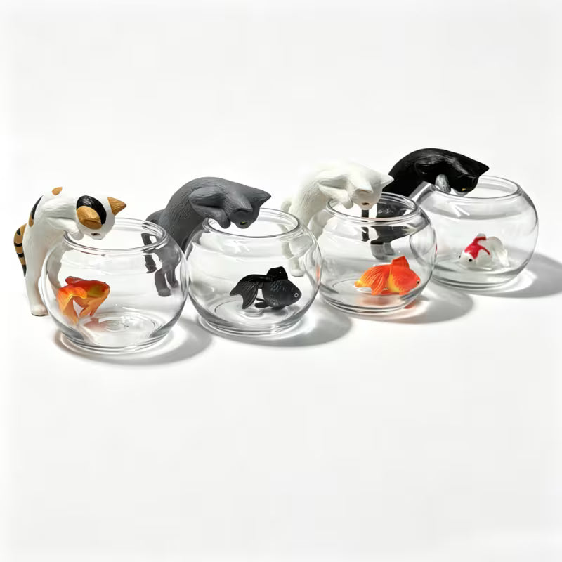 Style Cute Cat Catching Fish in Aquarium Set