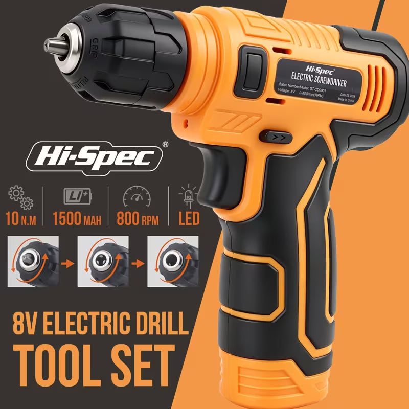 Hi-Spec 8V USB Rechargeable Yellow Electric Drill Set