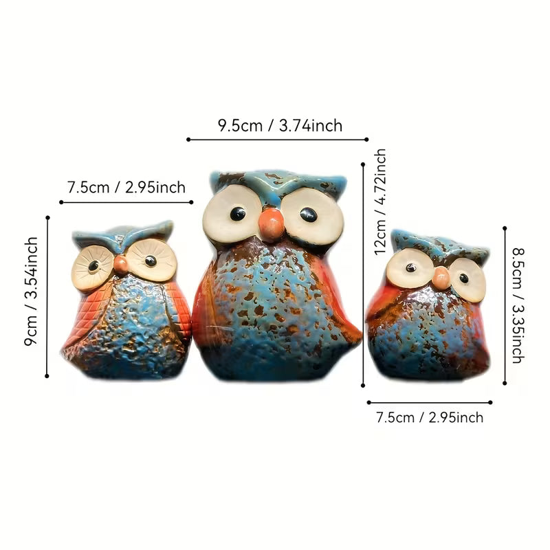 3pcs Charming Ceramic Owl Family Trio - Handcrafted Garden And Home Decor Items in Red, Blue