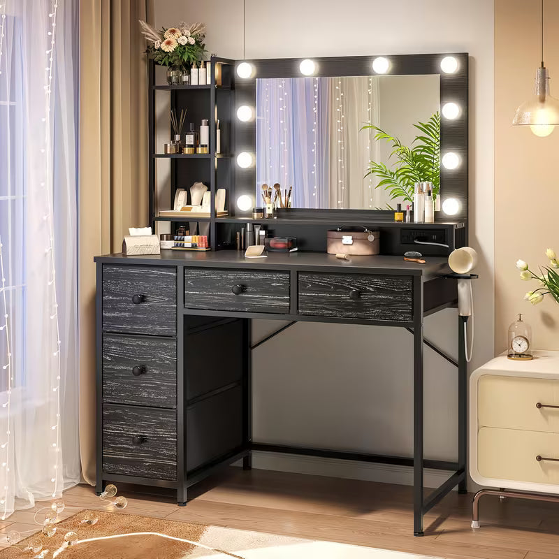 Vanity Desk with Lights, Makeup Vanity with Power Strip, Dressing Table Set with 5 Large Drawers