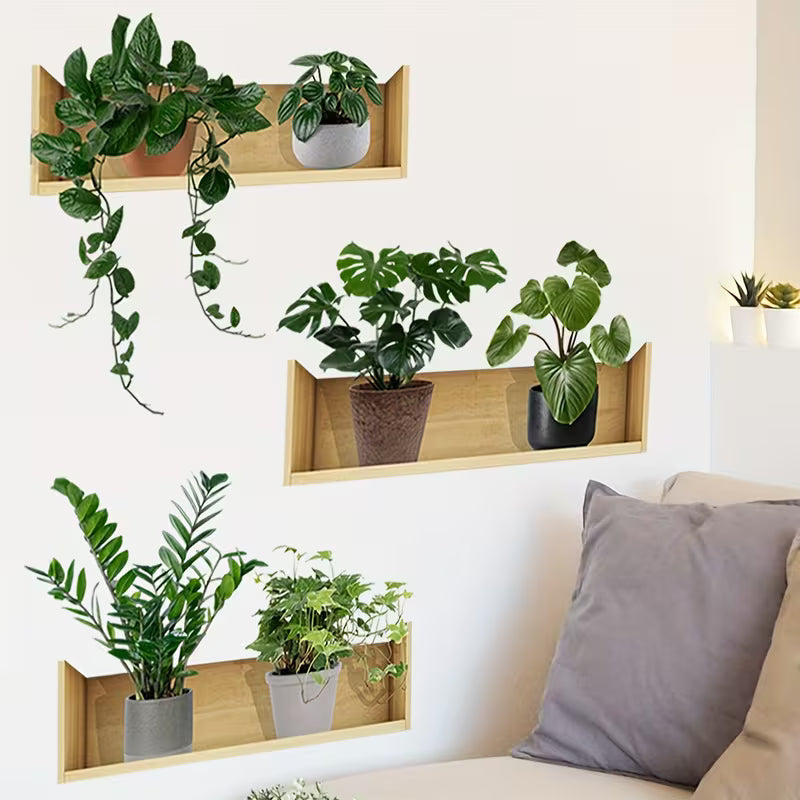 A Set of 3 Potted Plant Shelf Wall Decals for Living Room and Room Background Wall Decoration