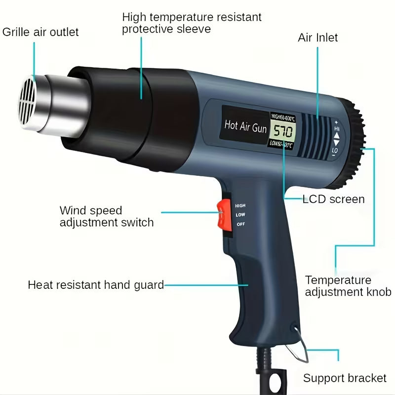 2500W Heat Gun Hot Air Gun Dual Temperature Settings 352°F-1202°F Fast Heating Hot Air Gun Electric