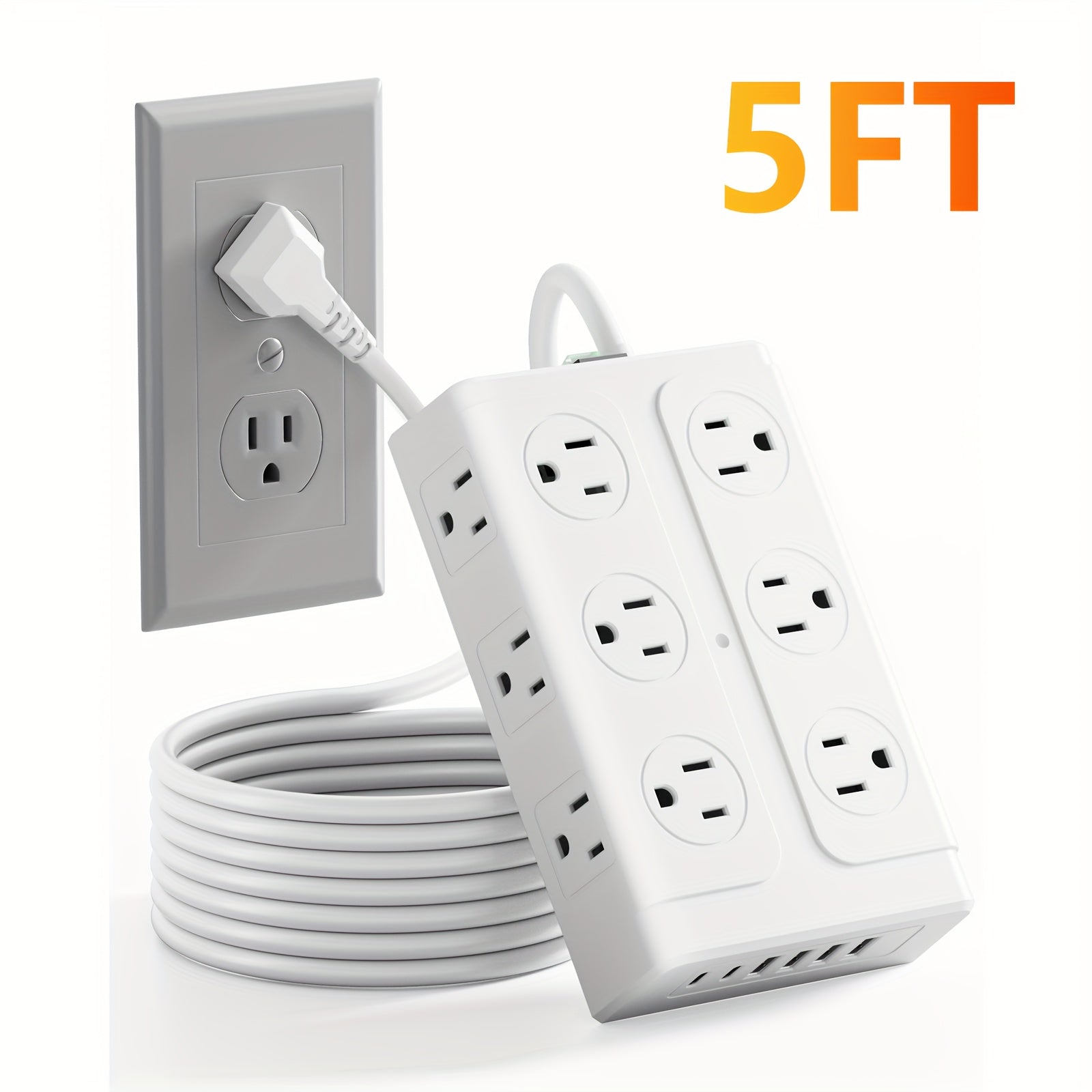 5FT/10FT, 18-In-1 Compact Power Strip, 10FT/3M Cord, 12 AC Outlets