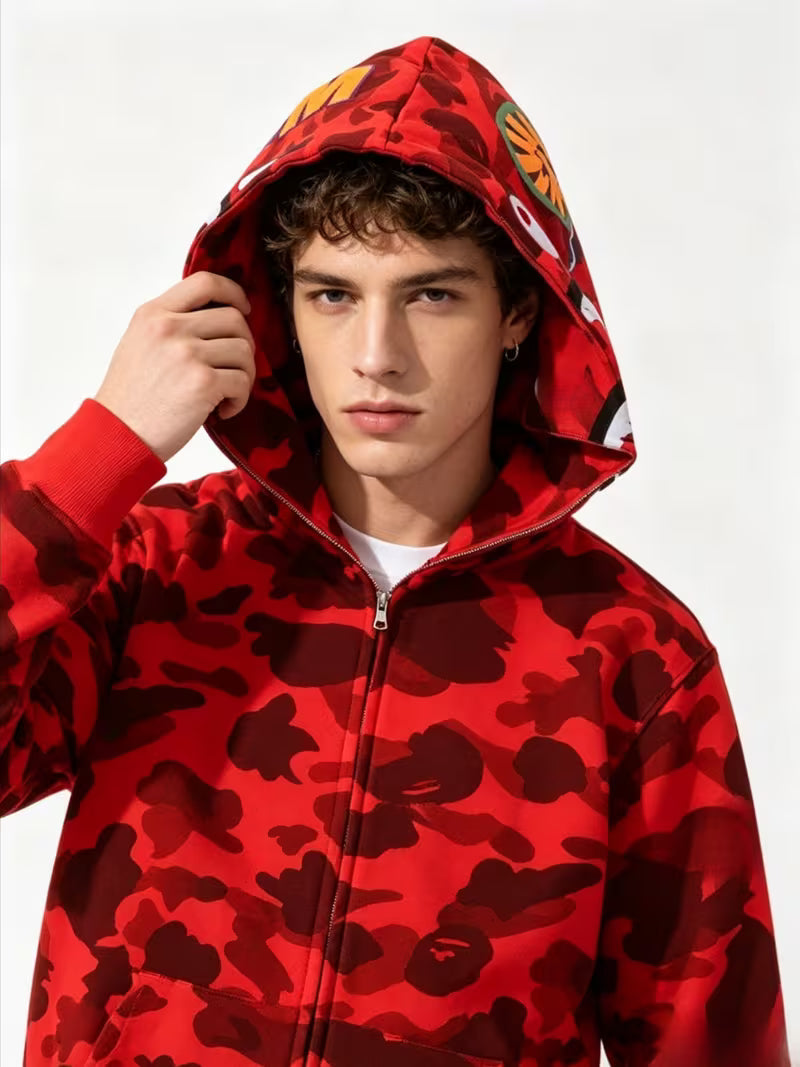 HCKJ - Teen And Teenager Red Shark Hoodie - Camouflage Full Zip Hooded Sweatshirt, Hip Hop Style