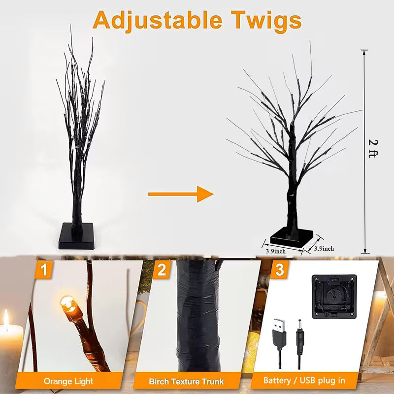 2pcs, Black Halloween Tree for Desktop Lighting, Orange LED Ghost Tree with Halloween Decorations