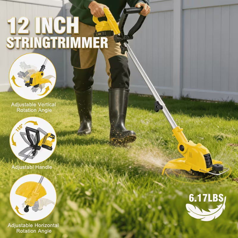 12-Inch Yellow Cordless String Trimmer Grass Trimmer 90°, Yellow