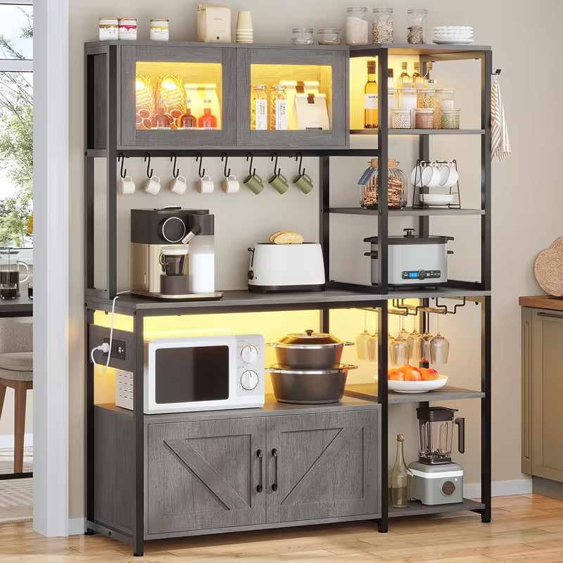 Bakers Rack with LED Light, 45.3" Farmhouse Coffee Bar Cabinet