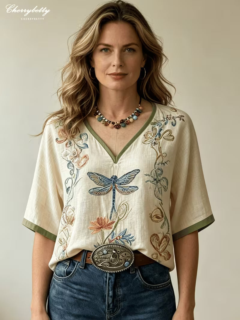 CHERRYBETTY Retro Floral Embroidered V-Neck Short Sleeve Top, Women's Tops And Blouses