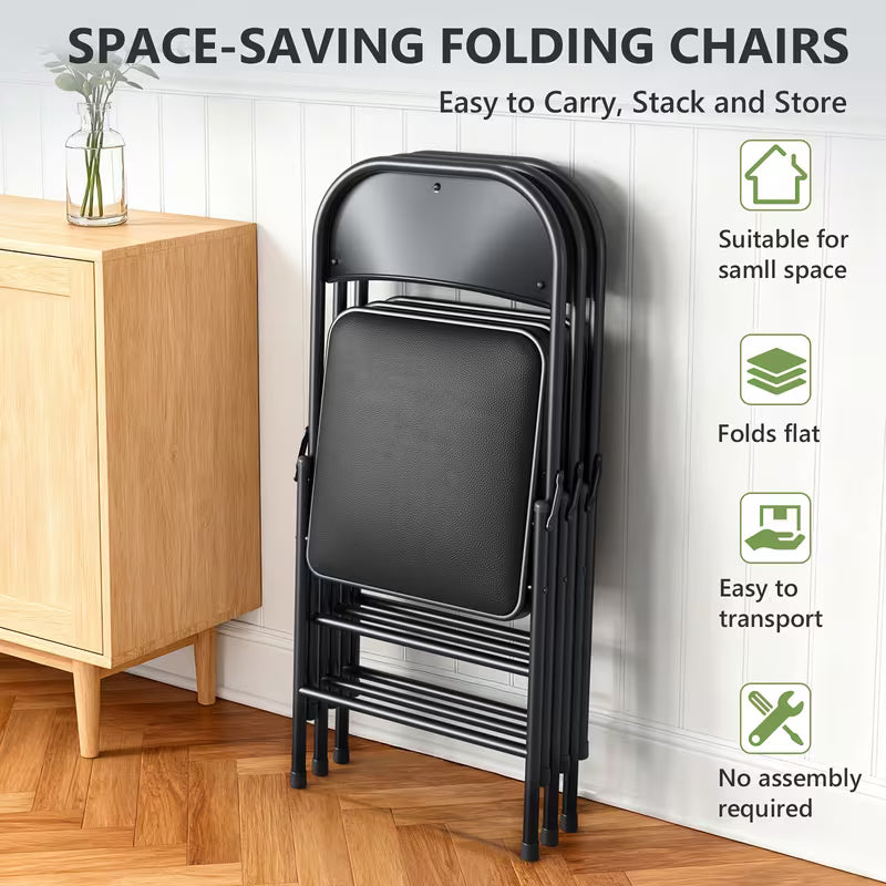 Heavy-Duty Black Folding Chairs Set, Metal, Black