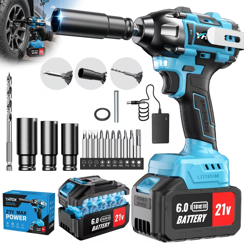 21V Brushless Cordless Impact Wrench, 590ft High Torque, Upgraded 6000mAh Battery