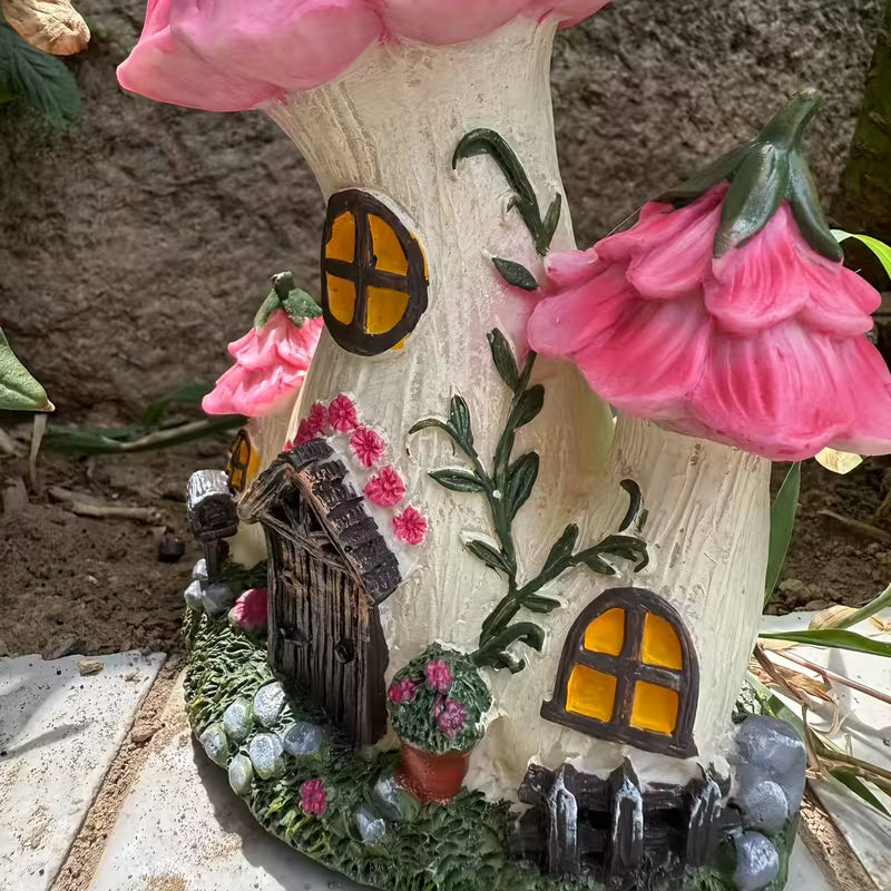 1pc Creative and Fun Flower Mushroom House Resin Statue Ornament