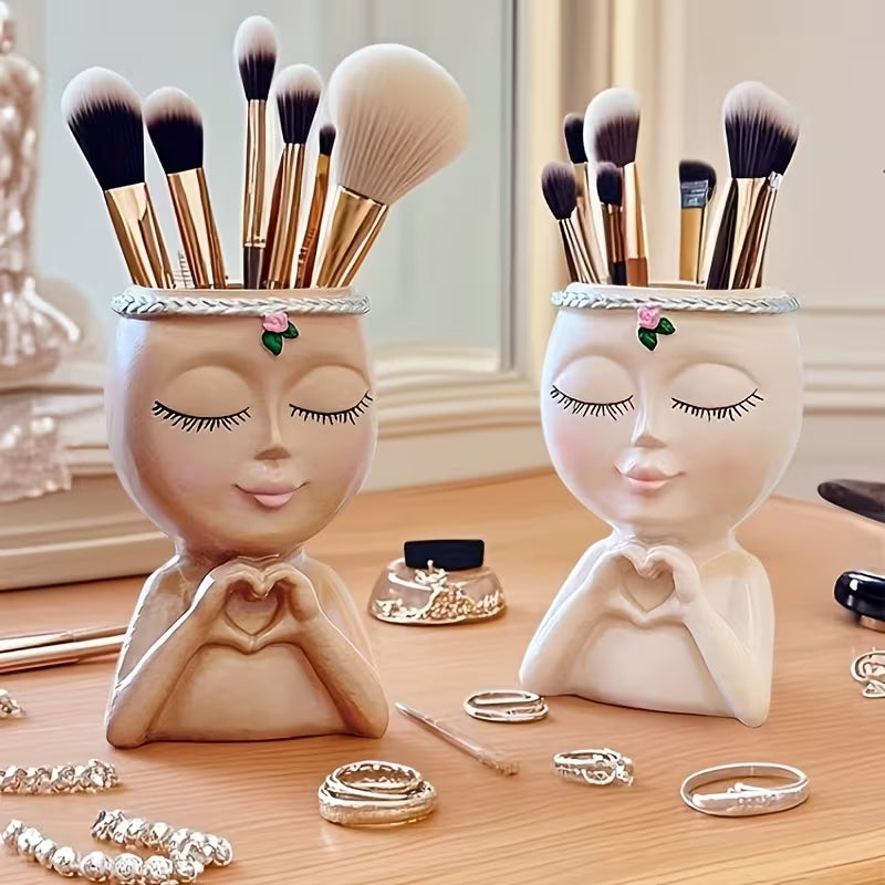 1pc Abstract Figure Sculpture Face Makeup Brush Holder, Vanity Desktop Brush Pen Cup Organizer
