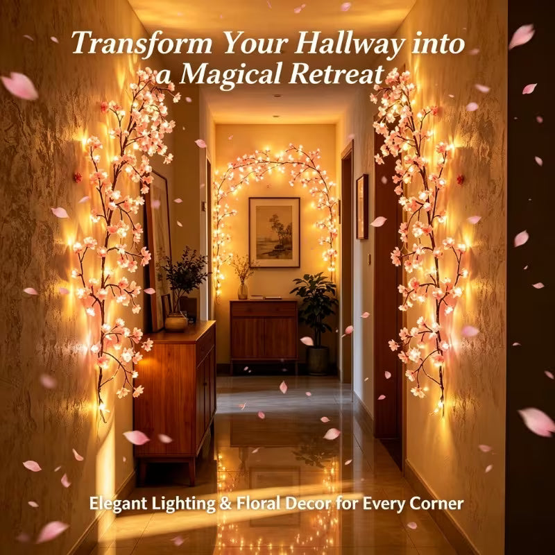 1 Set of 144pcs Cherry Blossom Vine Light Strings (72pcs LED Lights And 72pcs Cherry Blossoms)