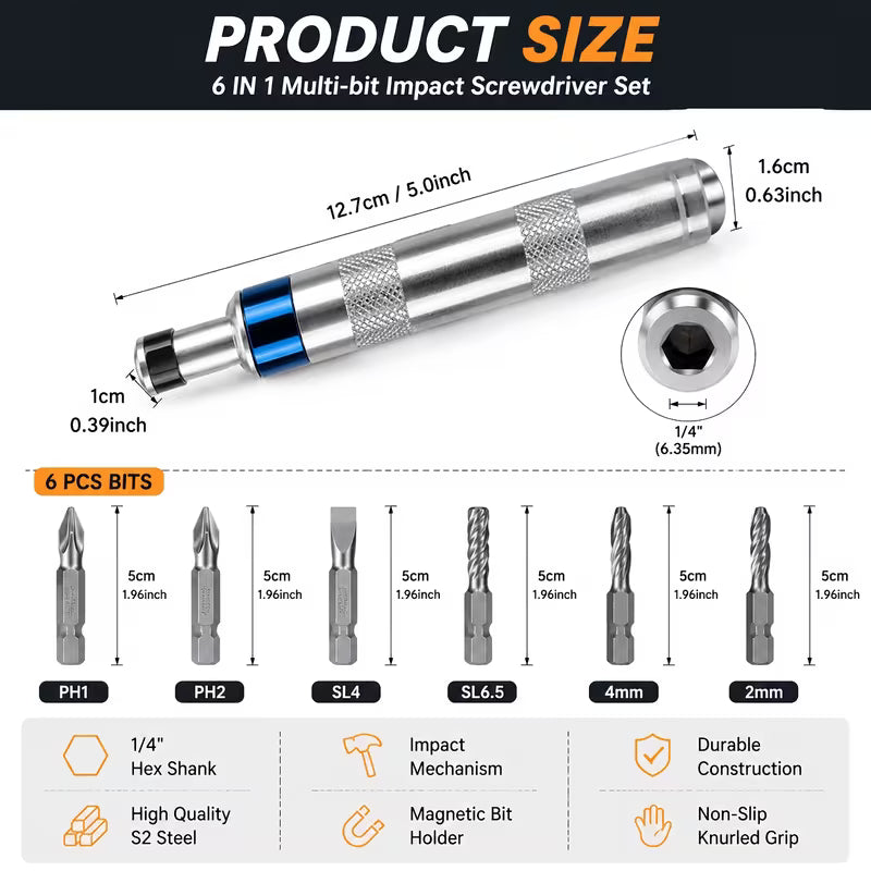 6-In-1 Impact Screwdriver Set of 7pcs Total |, Metal