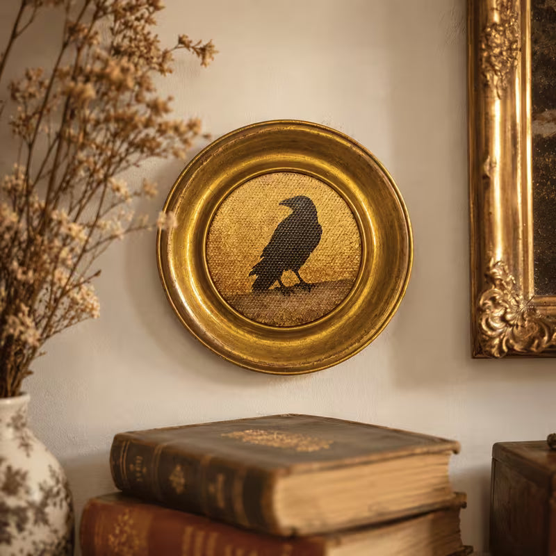 Crow Standing on a Round Metal Photo Frame, Metal, Golden