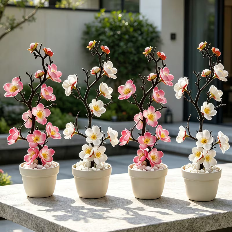 4pcs Set - Artificial Plum Blossom Potted Plant/Artificial Flowers/Romantic Gradient Pink