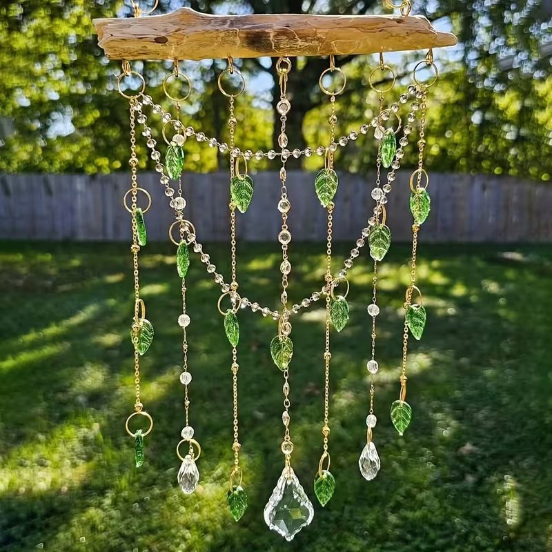 Crystal Wooden Stick Garden Light Collector, with Green Leaf Pendant