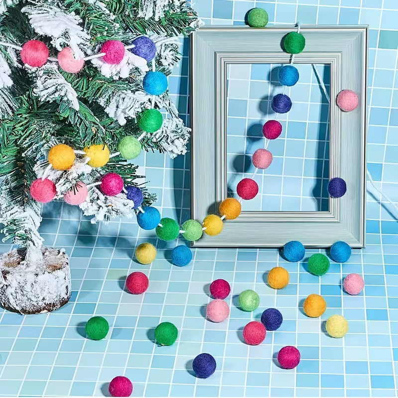 3pcs, Pre-Assembled Rainbow Pom-Pom Flower Garland Banner, Colorful Pom-Pom Decorations
