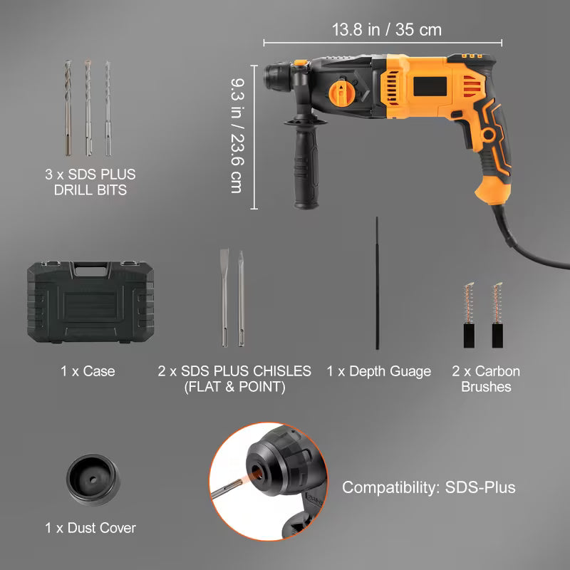 VEVOR Rotary Hammer Drill Corded Drills 1" 4 Modes SDS-Plus Chipping Hammers