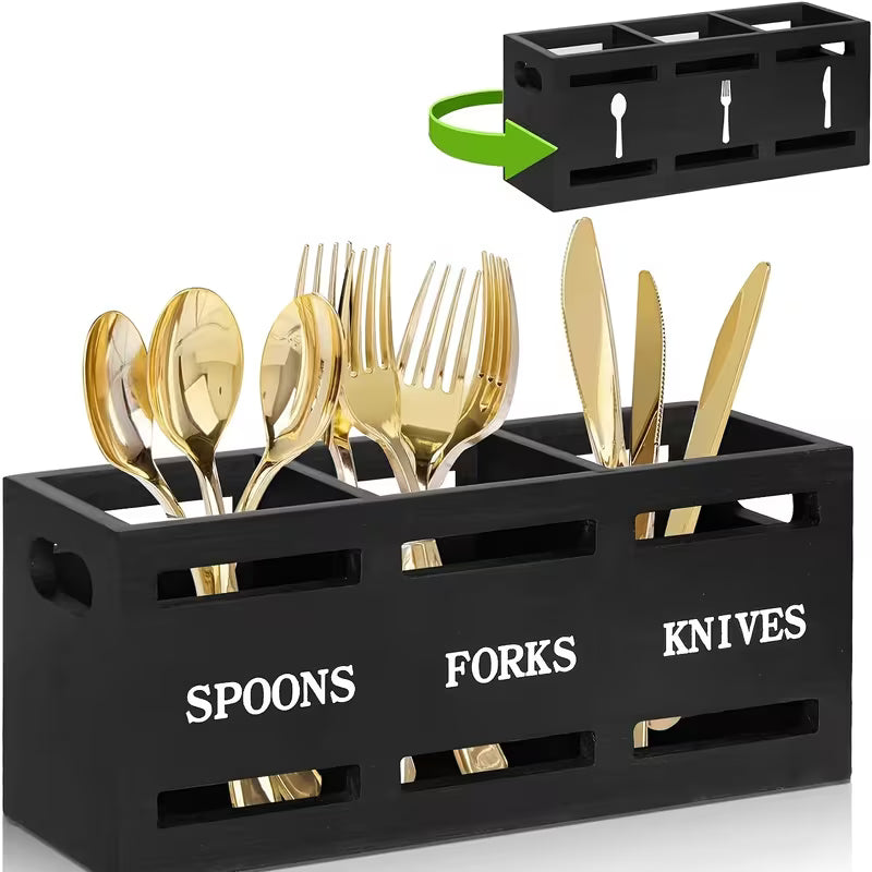 Wooden Utensil Holder, Country Tableware And Cutlery Rack, Black Party Fork Knife Spoon