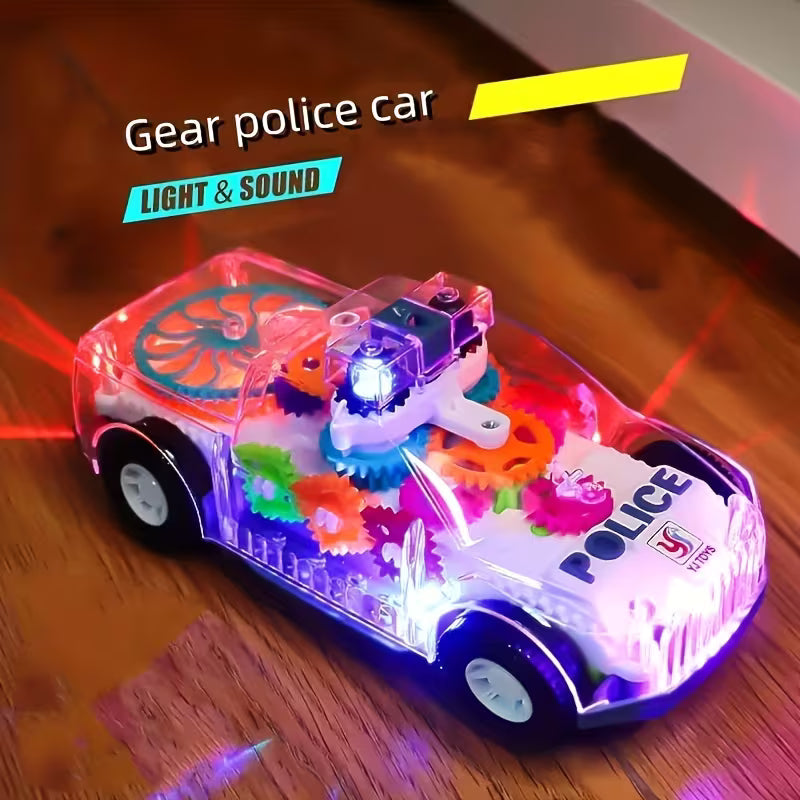 Kids Electric Transparent Gear Police Car Toy Lights Music Powered