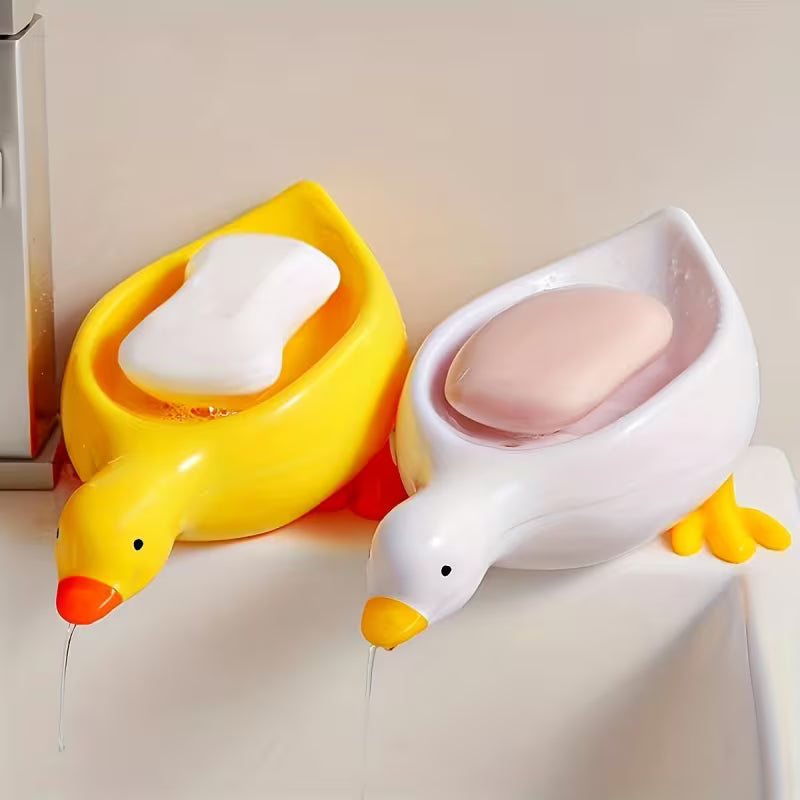 Yellow and White Duck-shaped Soap Dish with an Oval Bathroom Drainage Tray Featuring an Anti-water
