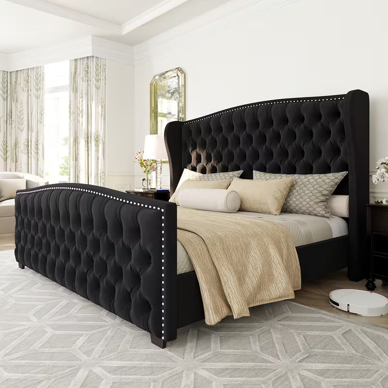 Platform Bed Frame, Velvet Upholstered Bed with Deep Button Tufted & Nailhead Trim Wingback