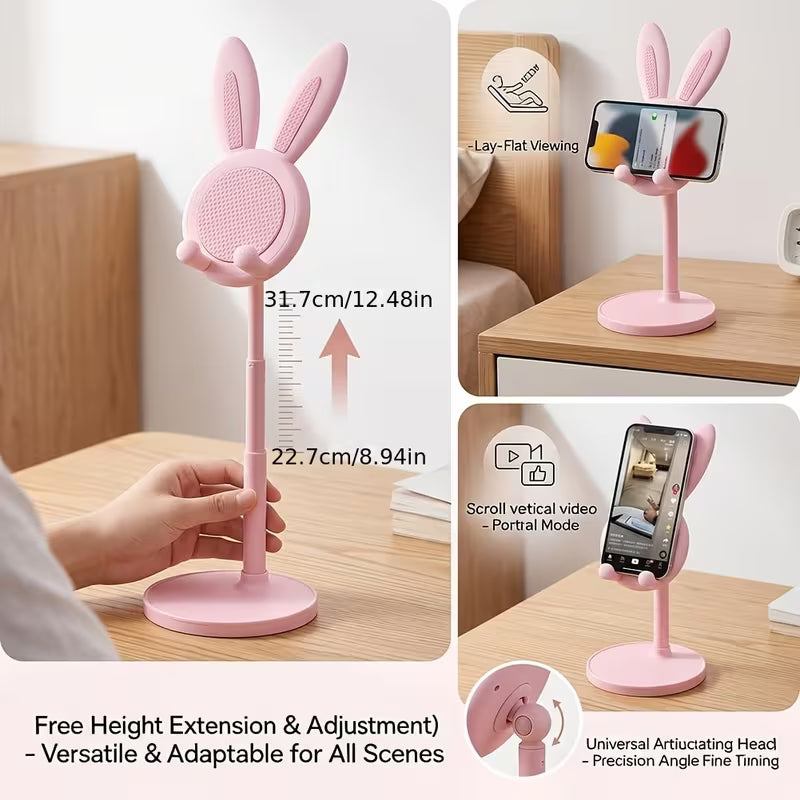 Easter Bunny Phone Stand - Cute Pink Floral Design with Bunny Ears And Bow, Adjustable Height