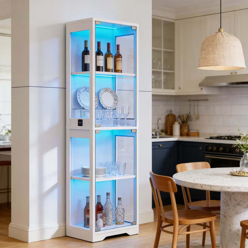 Single Door Glass Display Cabinet 4 Tier, Glass, Black