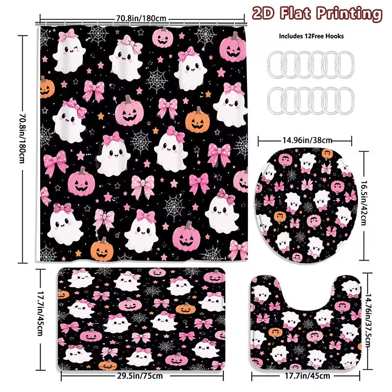 2D Flat, 2D Flat 4pcs Boho Shower Curtain Set, Black Pink and Pumpkin Pattern Bathroom Decor