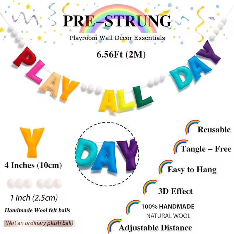 Pre-Strung Rainbow Play All Day Felt Banner Reusable