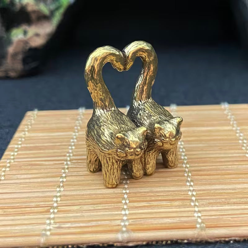 Handmade Vintage Brass Double Cat Figurine Ornament, Heart-Shaped Tail Couple Kittens