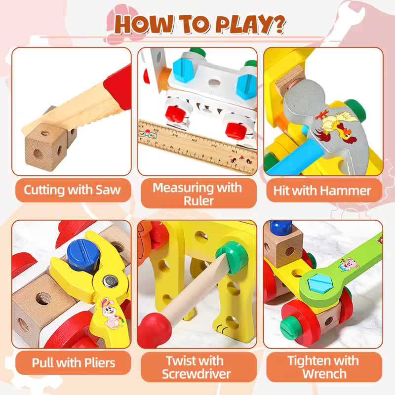 Kids' Wooden Animal Pattern Toolbox Toys with Hand Rope
