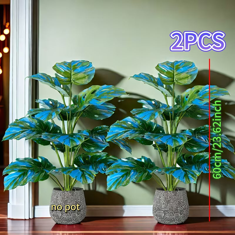 23.62-Inch Large Artificial Green Plant Blue Monstera Tree, Faux Tropical Set, Blue
