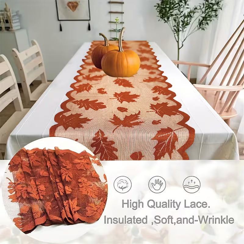 Of Autumn Maple Leaf Lace Brown Tablecloth Set, Brown