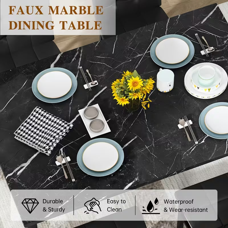 Modern 5pcs Faux Marble Dining Table Set with Upholstered PU Leather Chairs