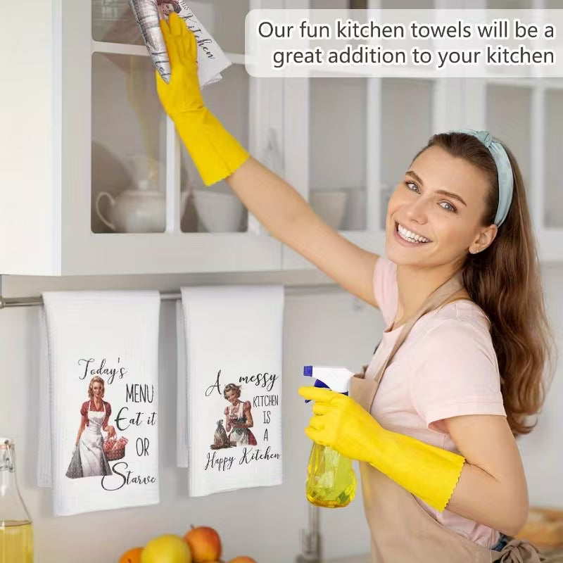 6pcs Funny Kitchen Dish Towels with Humorous Quotes - Absorbent Polyester Tea Towels