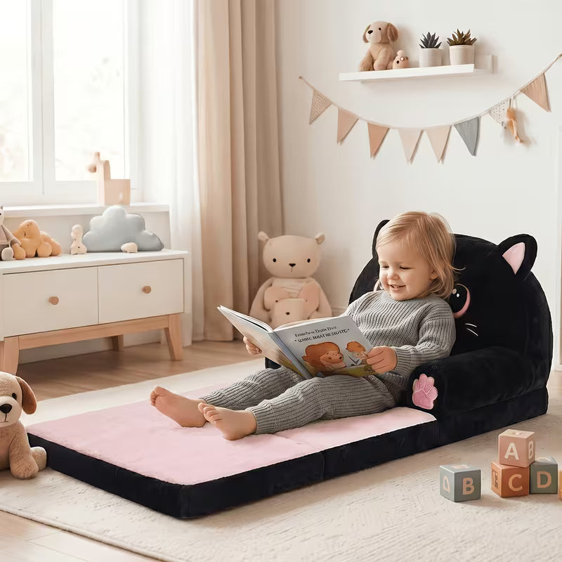 Kids Sofa 2-In-1 Foldable Velvet Memory Foam Chair Black Pink Cat Lounger for Reading Relaxing