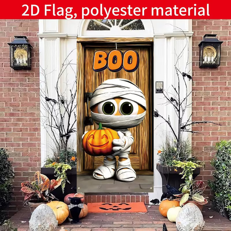 1pc Large Halloween Door Decoration - Funny Mummy Pumpkin Plaque with BOO Design