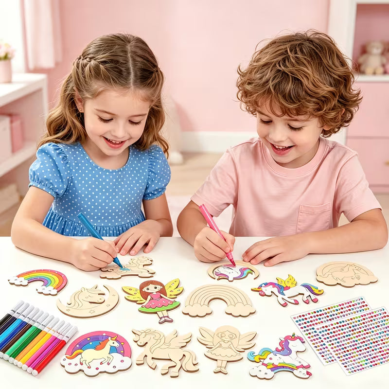24-Piece Unfinished Wood Unicorn Cutouts Kids Craft Kit with 12 Markers