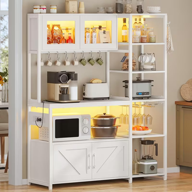 Bakers Rack with LED Light, 45.3" Farmhouse Coffee Bar Cabinet