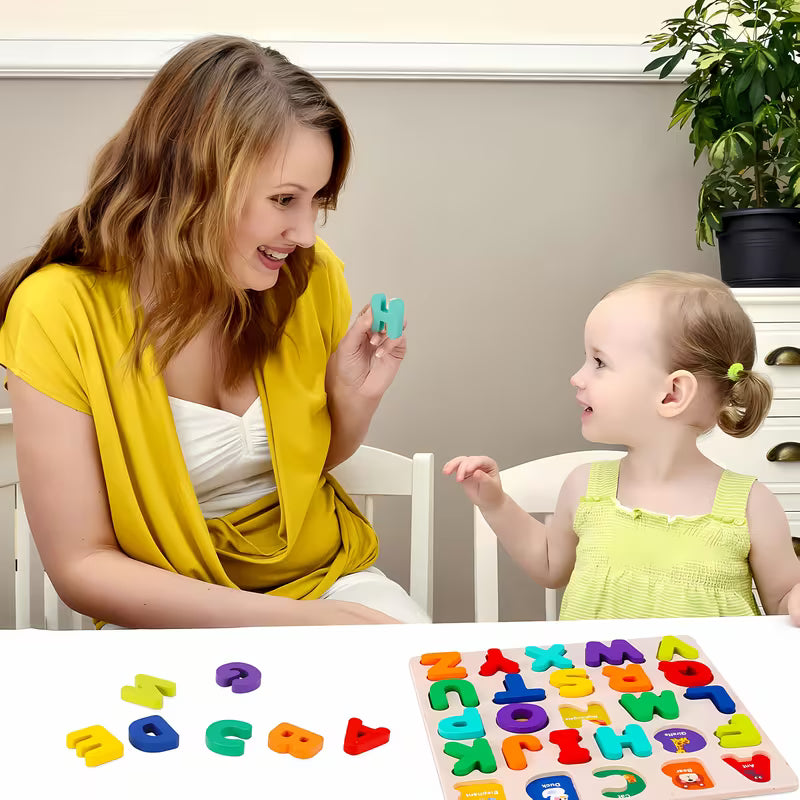 Wooden Alphabet and Number Puzzle with Mixed Colors with Puzzle Board