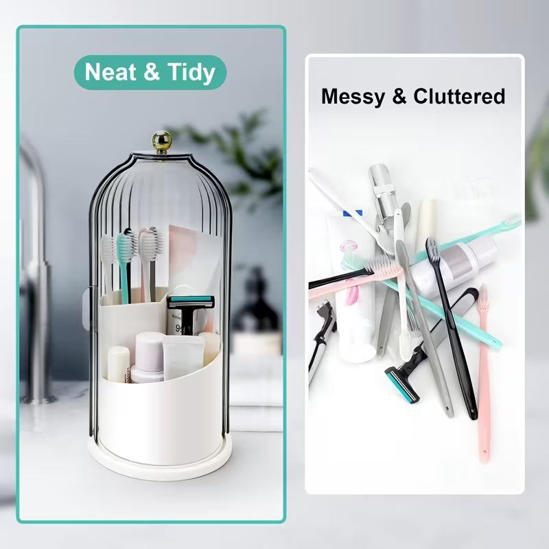 Rotating Three-Slot Toothbrush Holder with Sliding Cover, Bathroom Countertop Storage Rack