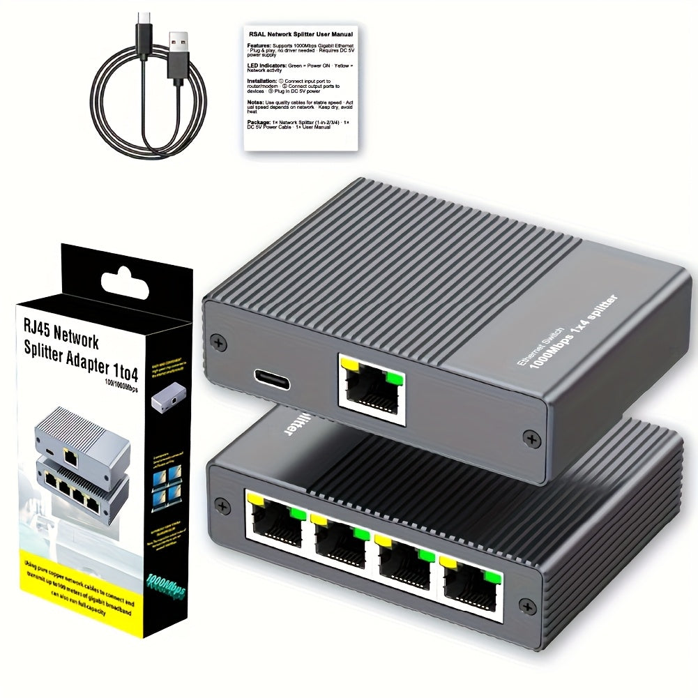 1-to-4 1000Mbps RJ45 Gigabit Mini Switch | USB-C Powered Ethernet